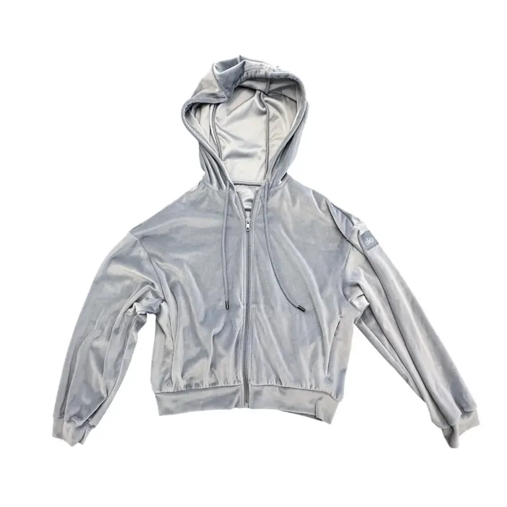 ALO Yoga Velour Glimmer Full Zip Hoodie Blue Steel Cropped Jacket Small